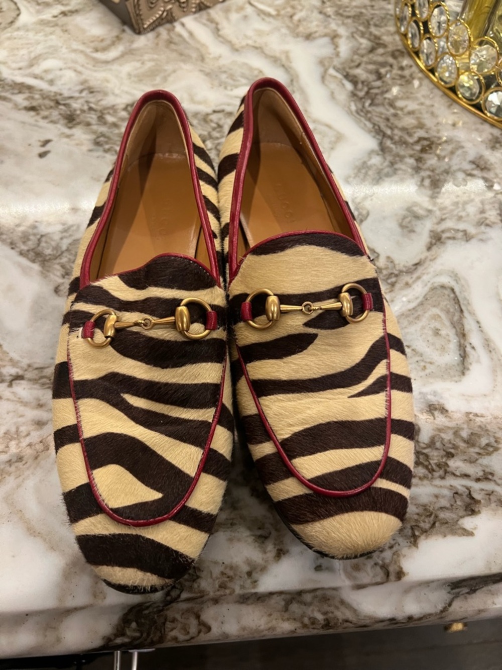 Authentic Gucci Zebra Print fur Horsebit Loafers - Brown & Cream